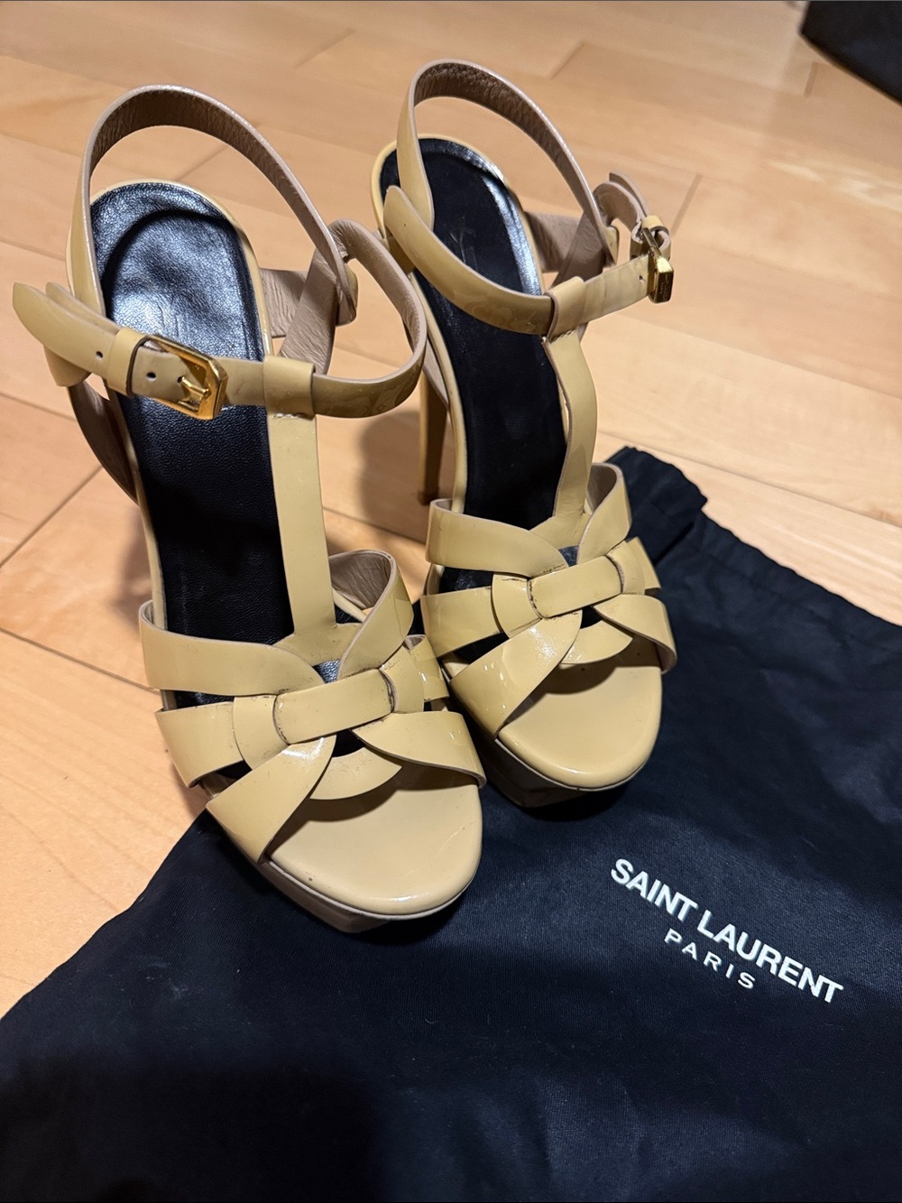 Saint Laurent Yellow Beige Patent Leather Braided Platform Sandals